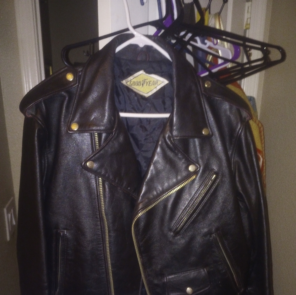 Men's Black Leather Bomber Jacket with Gold Hardware